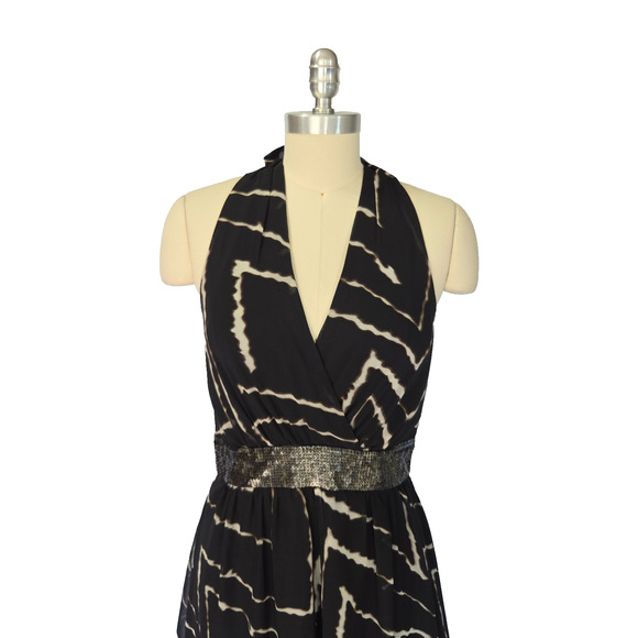 Vintage Y2K Express Black Halter Maxi Dress Size S Ikat Sequins Formal Party - Picture 3 of 11